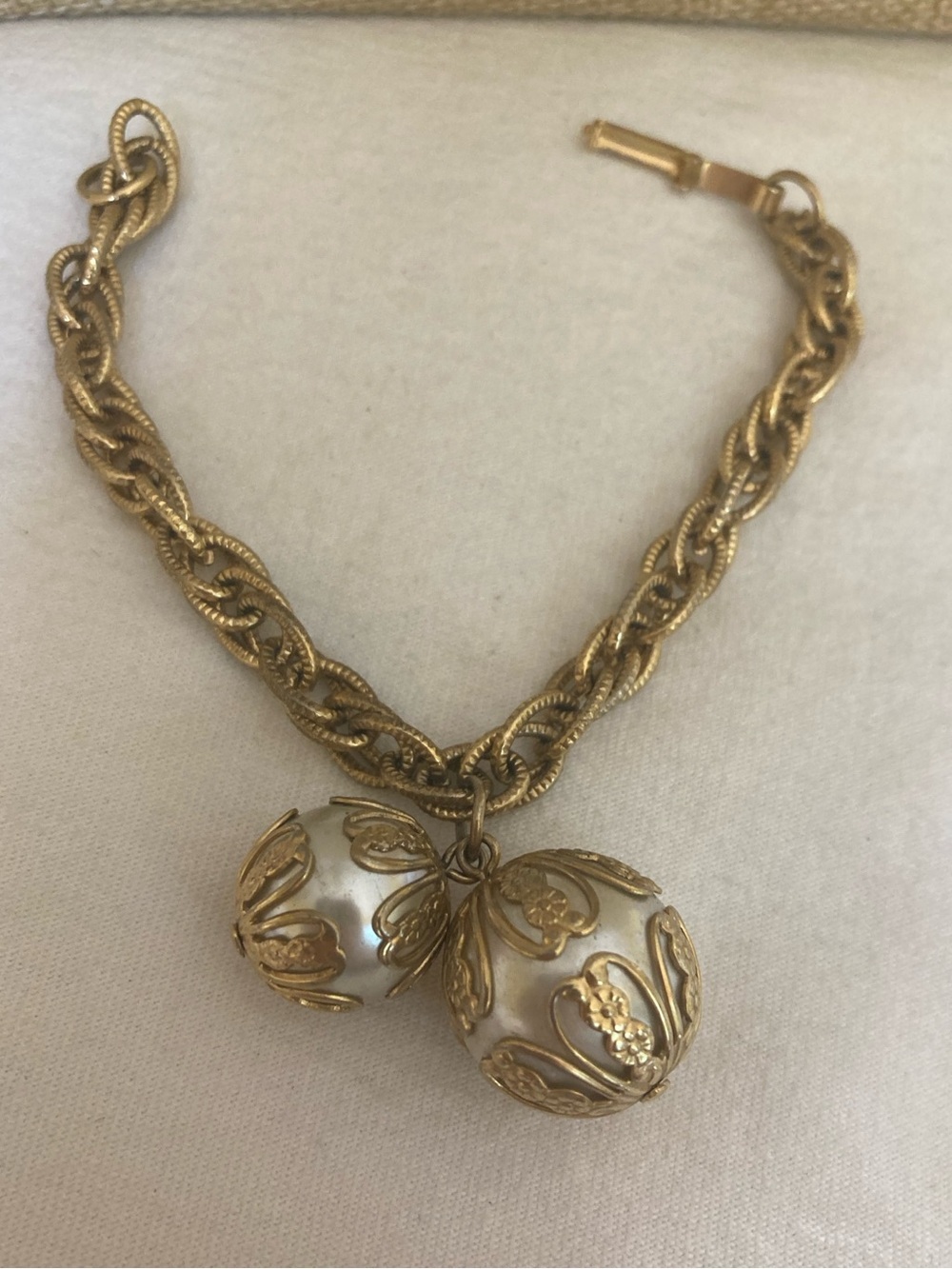 Ornate Filigree Case Framed Faux Pearls Charms Vintage Bracelet